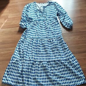 Blue Diamond Print Maxi Dress - Women's Long Tiered Dress